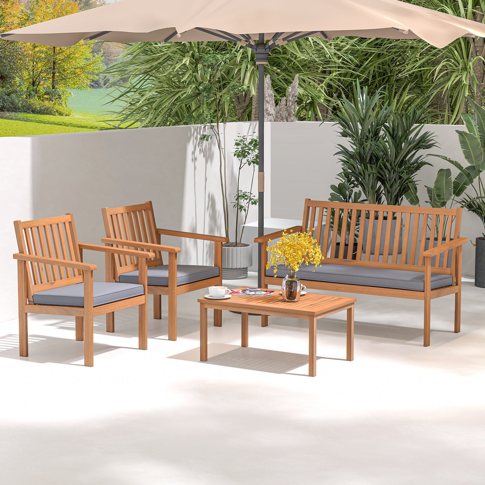 4 Piece Acacia Wood Patio Sofa Set, Gray Patio Conversation Sets at Gallery Canada