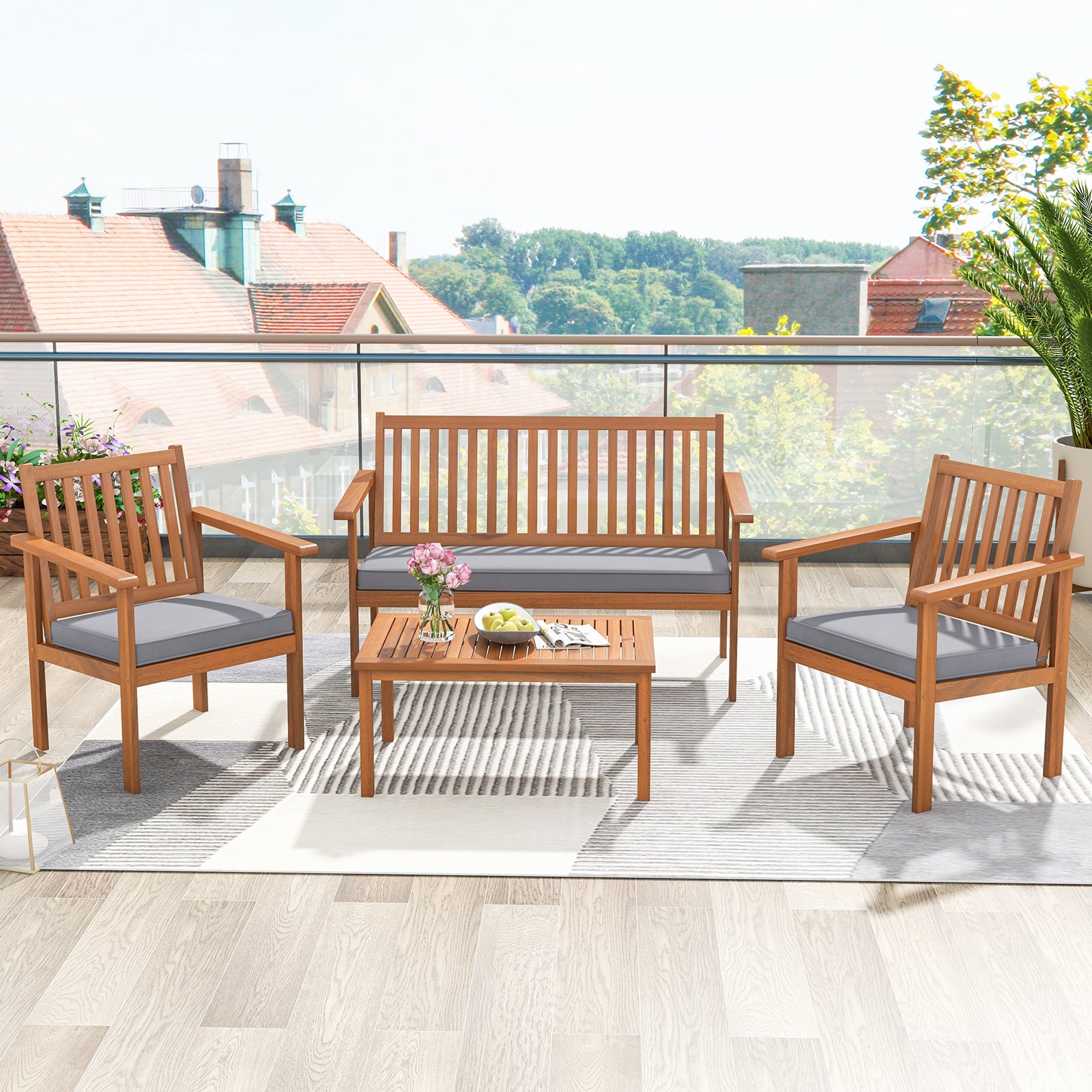 4 Piece Acacia Wood Patio Sofa Set, Gray Patio Conversation Sets at Gallery Canada