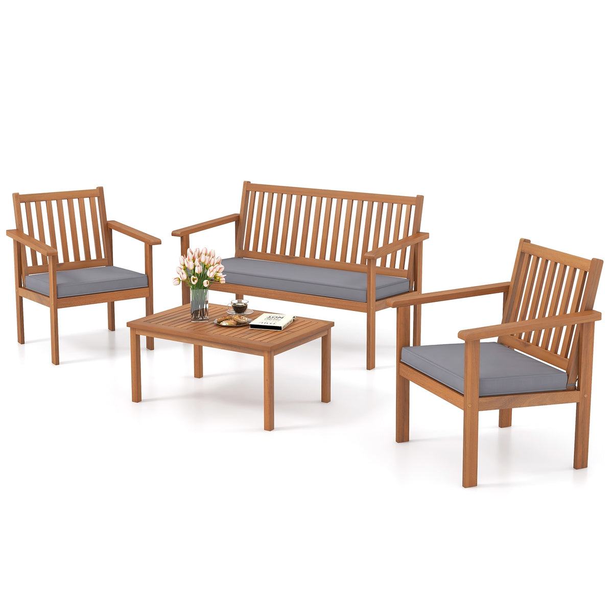 4 Piece Acacia Wood Patio Sofa Set, Gray Patio Conversation Sets at Gallery Canada