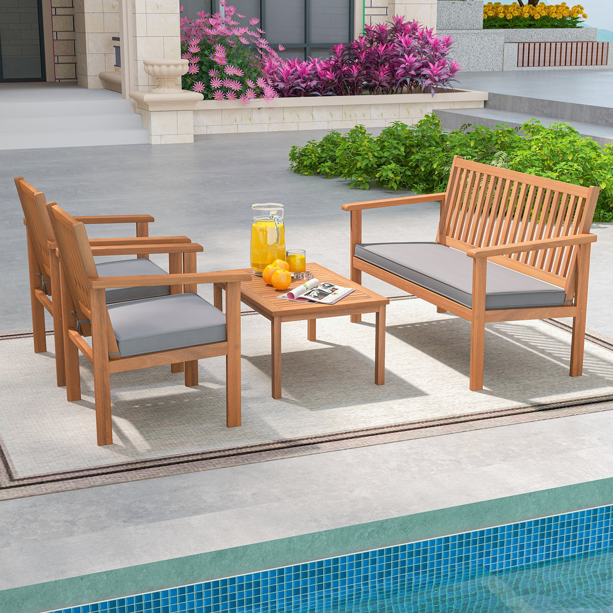 4 Piece Acacia Wood Patio Sofa Set, Gray Patio Conversation Sets at Gallery Canada