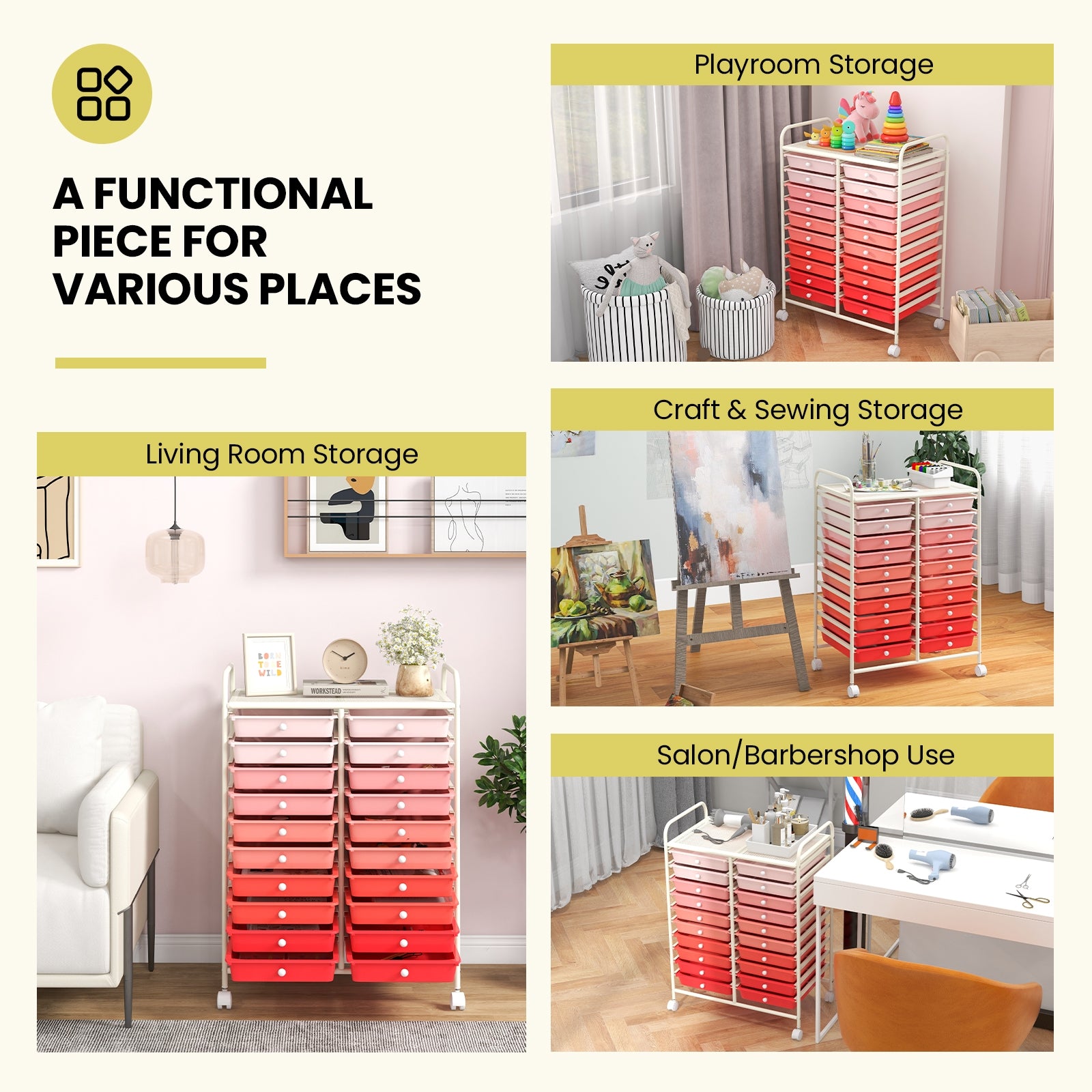 20 Drawers Rolling Storage Cart, Gradient, Pink File Cabinets at Gallery Canada