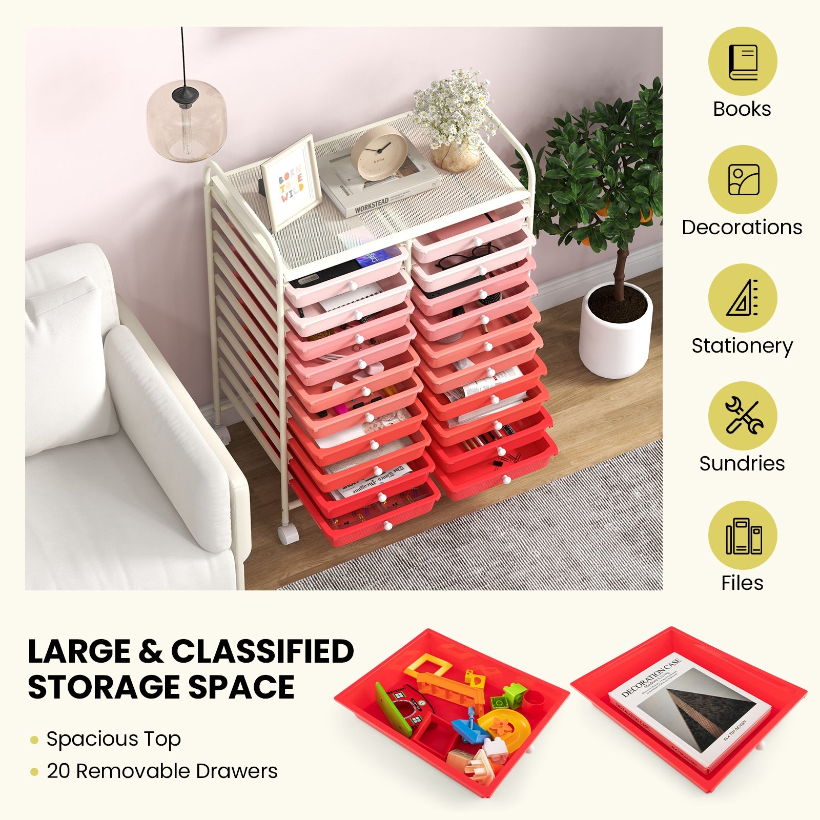 20 Drawers Rolling Storage Cart, Gradient, Pink File Cabinets at Gallery Canada