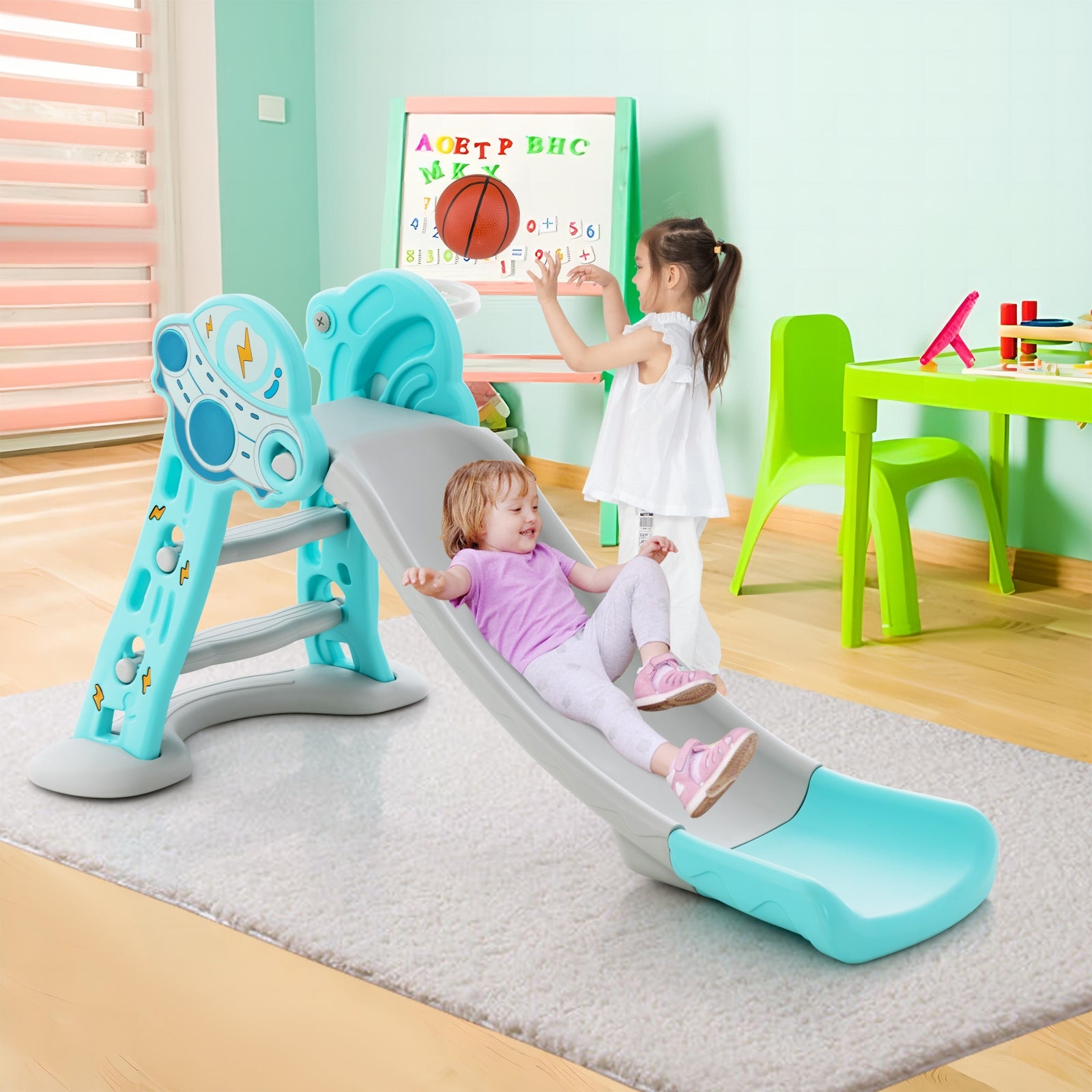 3-in-1 Folding Slide Playset, Basketball Hoop, Blue Climbers & Slides at Gallery Canada