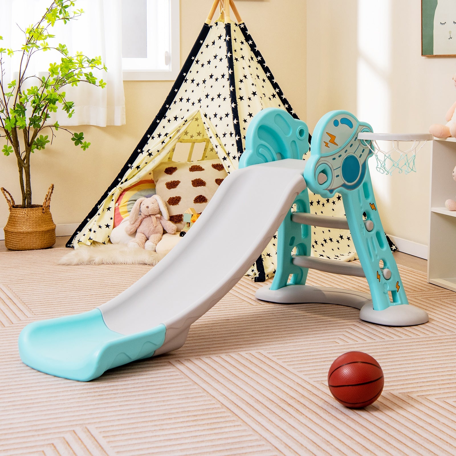 3-in-1 Folding Slide Playset, Basketball Hoop, Blue Climbers & Slides at Gallery Canada