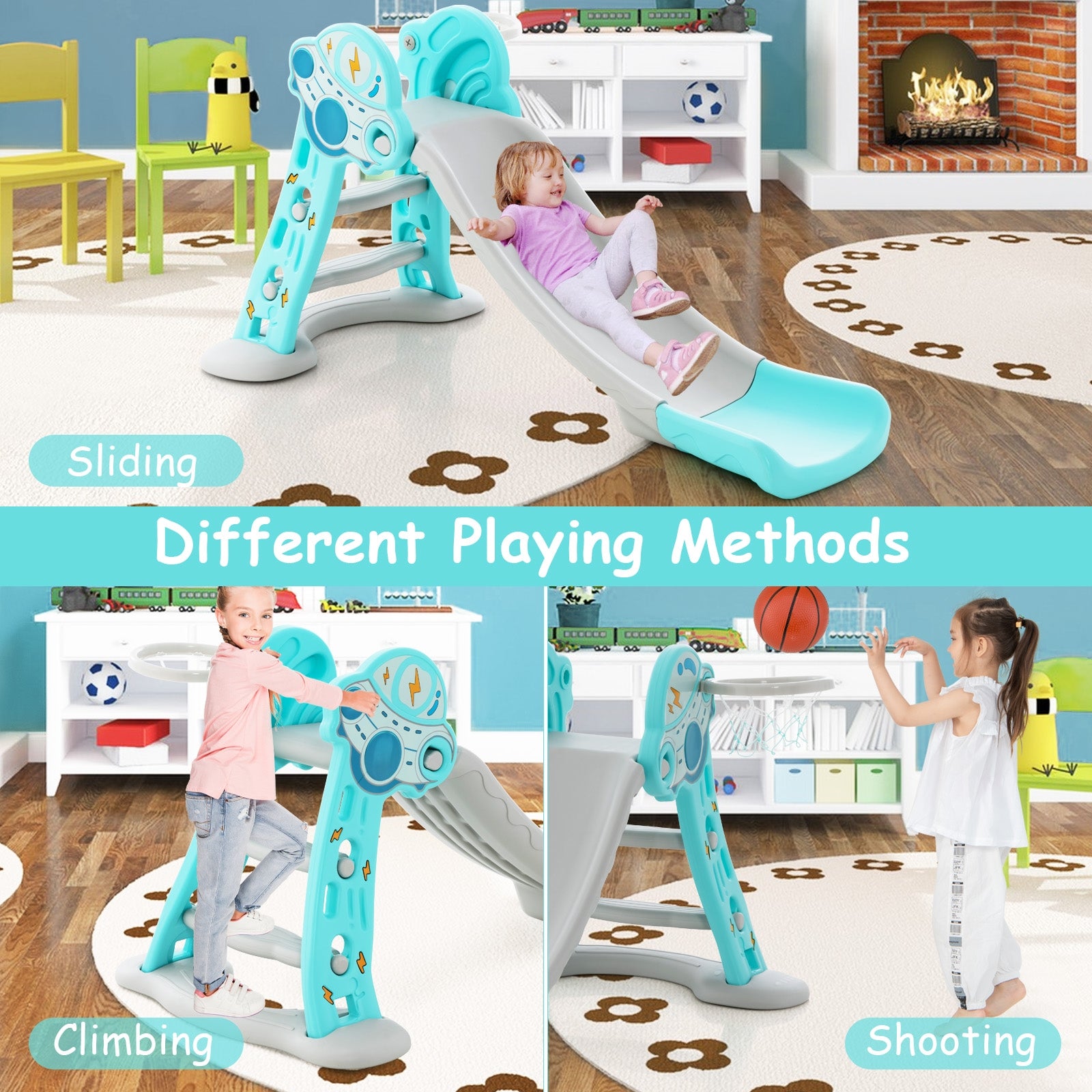 3-in-1 Folding Slide Playset, Basketball Hoop, Blue Climbers & Slides at Gallery Canada