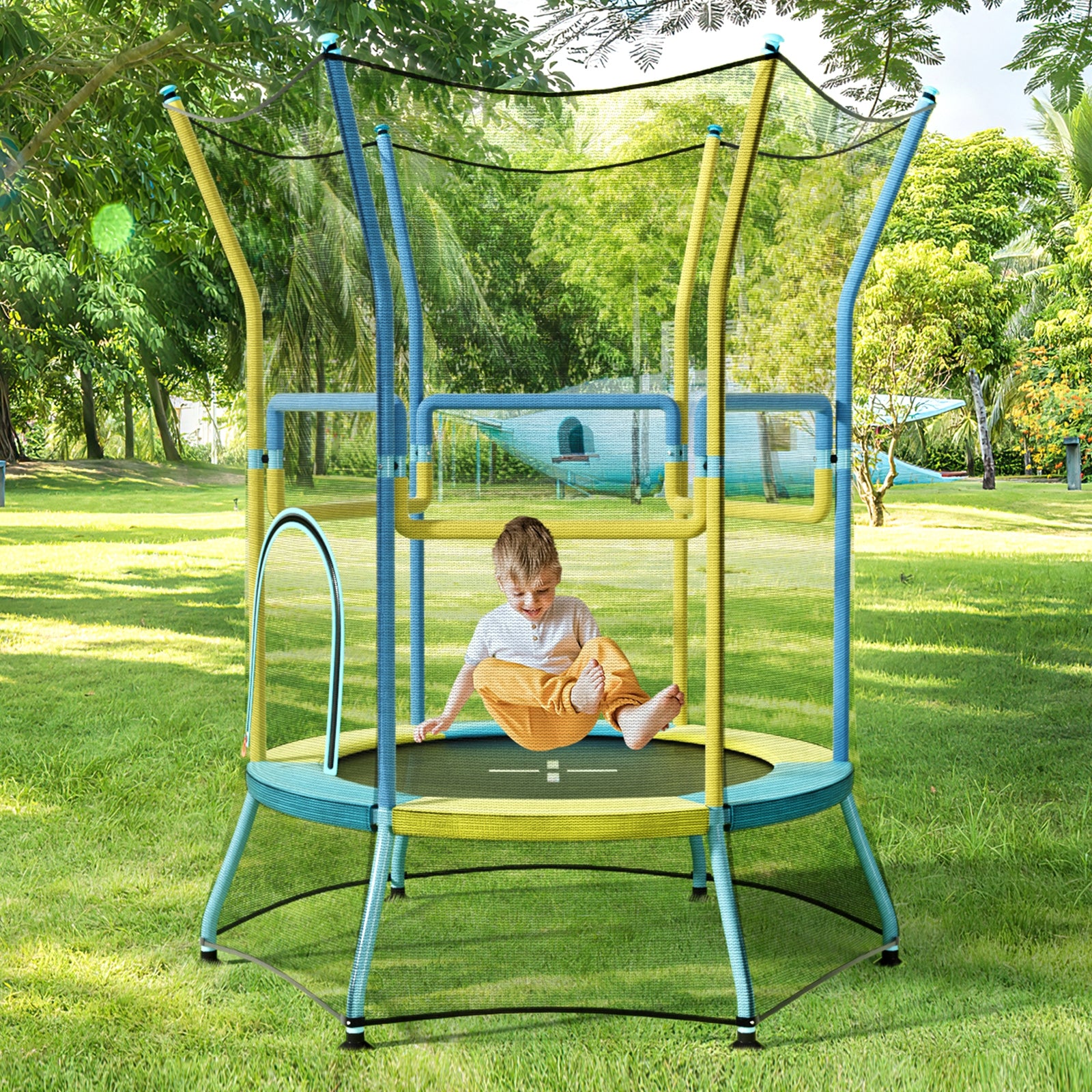 Kids Mini Trampoline, Safety Enclosure Net, Foam Handles, Yellow Trampolines at Gallery Canada