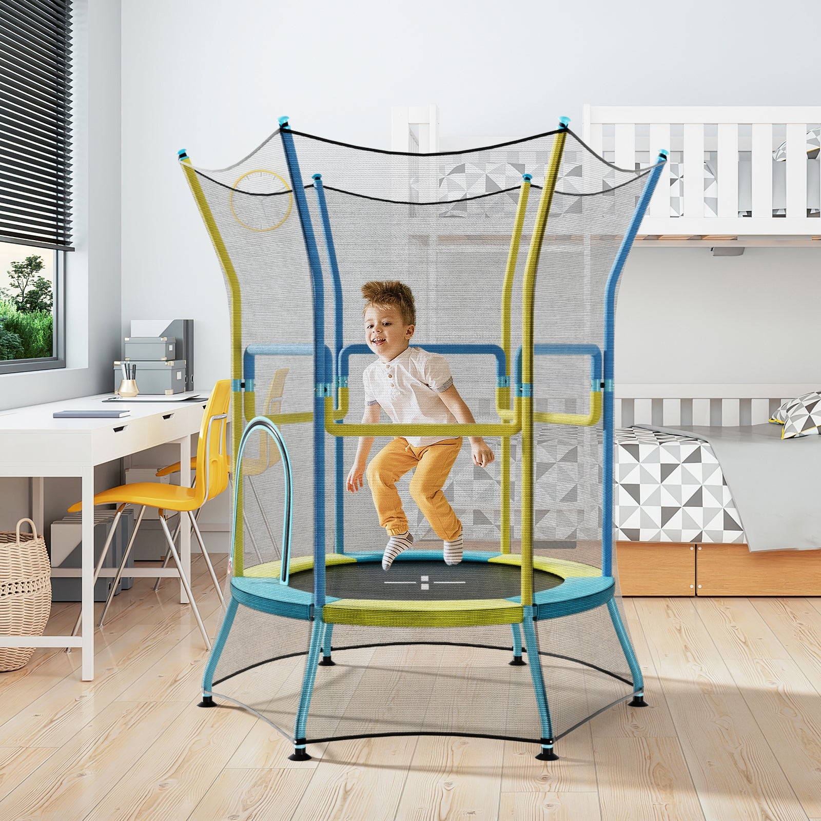 Kids Mini Trampoline, Safety Enclosure Net, Foam Handles, Yellow Trampolines at Gallery Canada