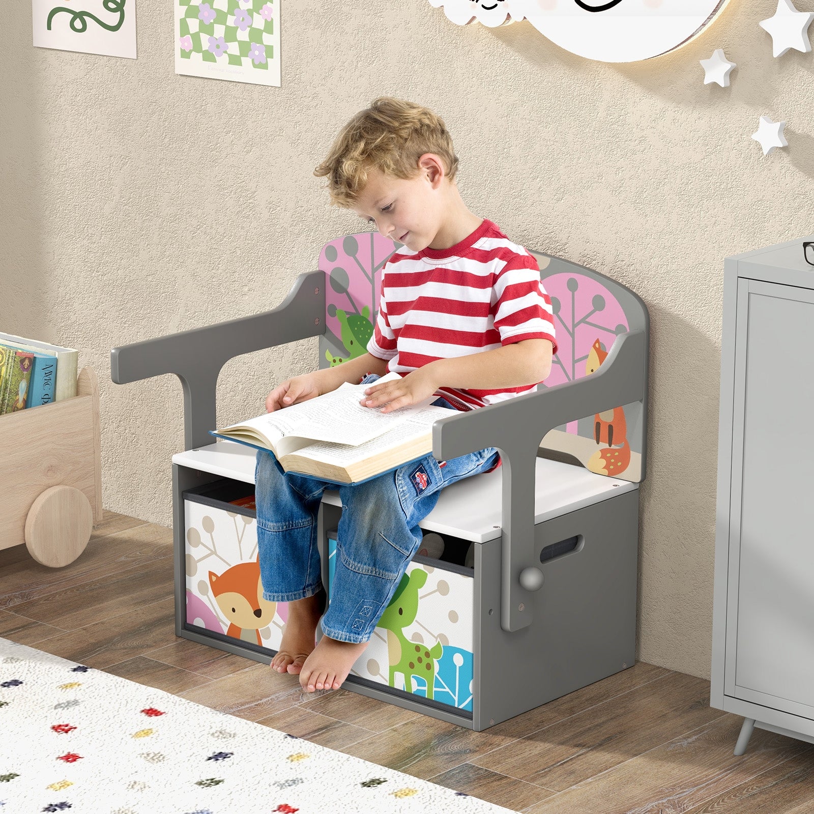 Kids Convertible Activity Bench, 3 In 1, 2 Removable Fabric Bins, Gray Kids Chairs & Seating at Gallery Canada