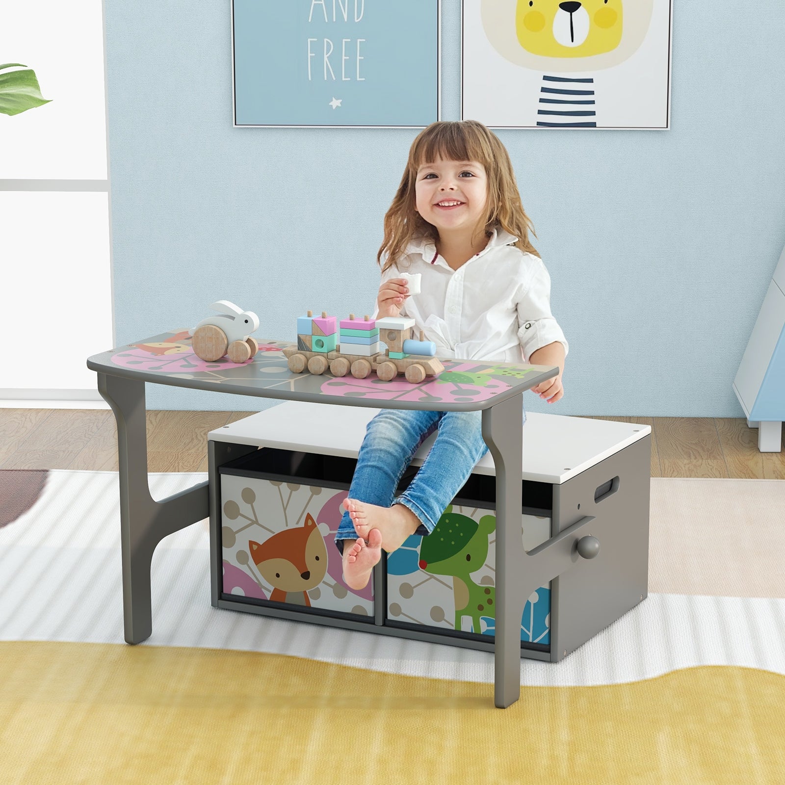 Kids Convertible Activity Bench, 3 In 1, 2 Removable Fabric Bins, Gray Kids Chairs & Seating at Gallery Canada