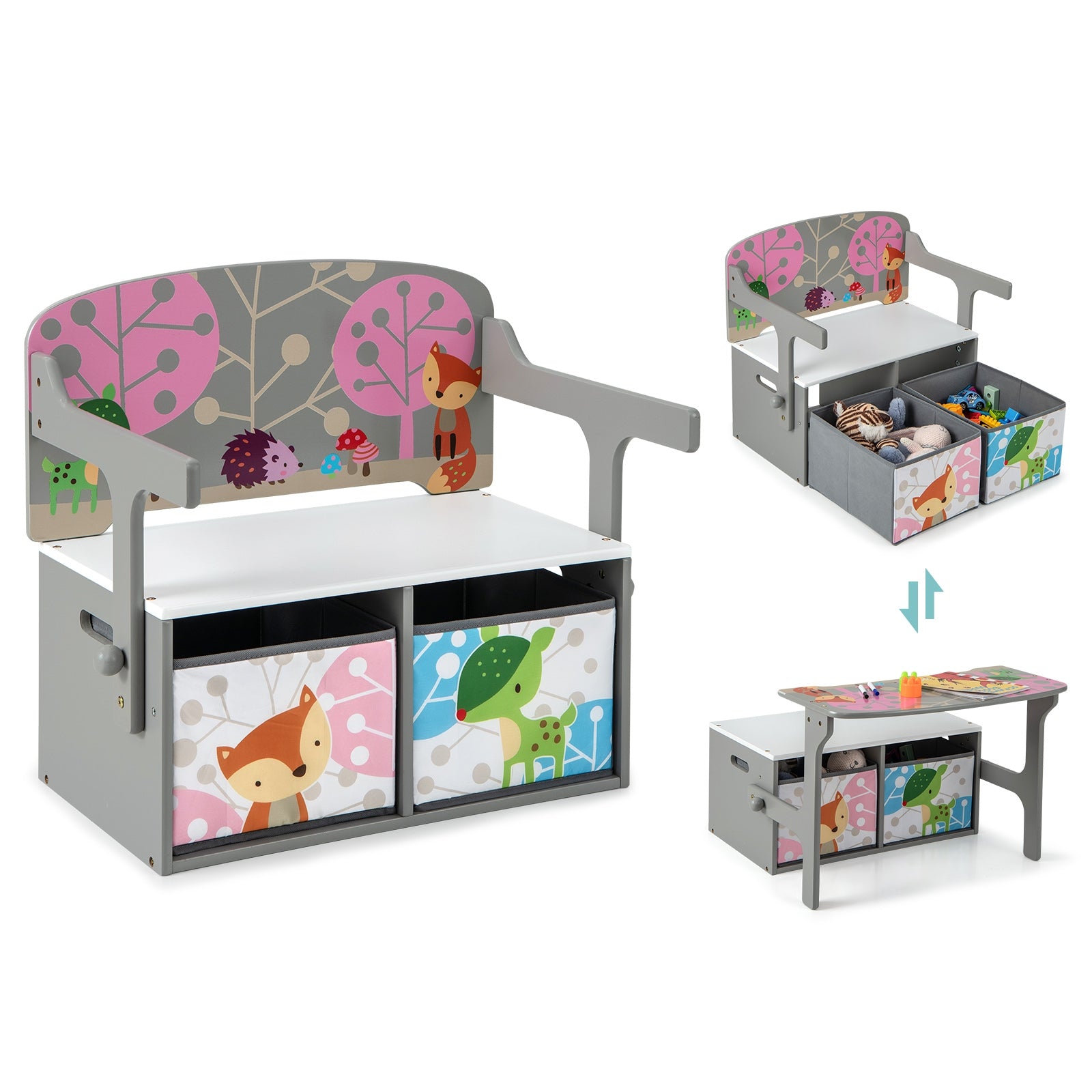 Kids Convertible Activity Bench, 3 In 1, 2 Removable Fabric Bins, Gray Kids Chairs & Seating at Gallery Canada