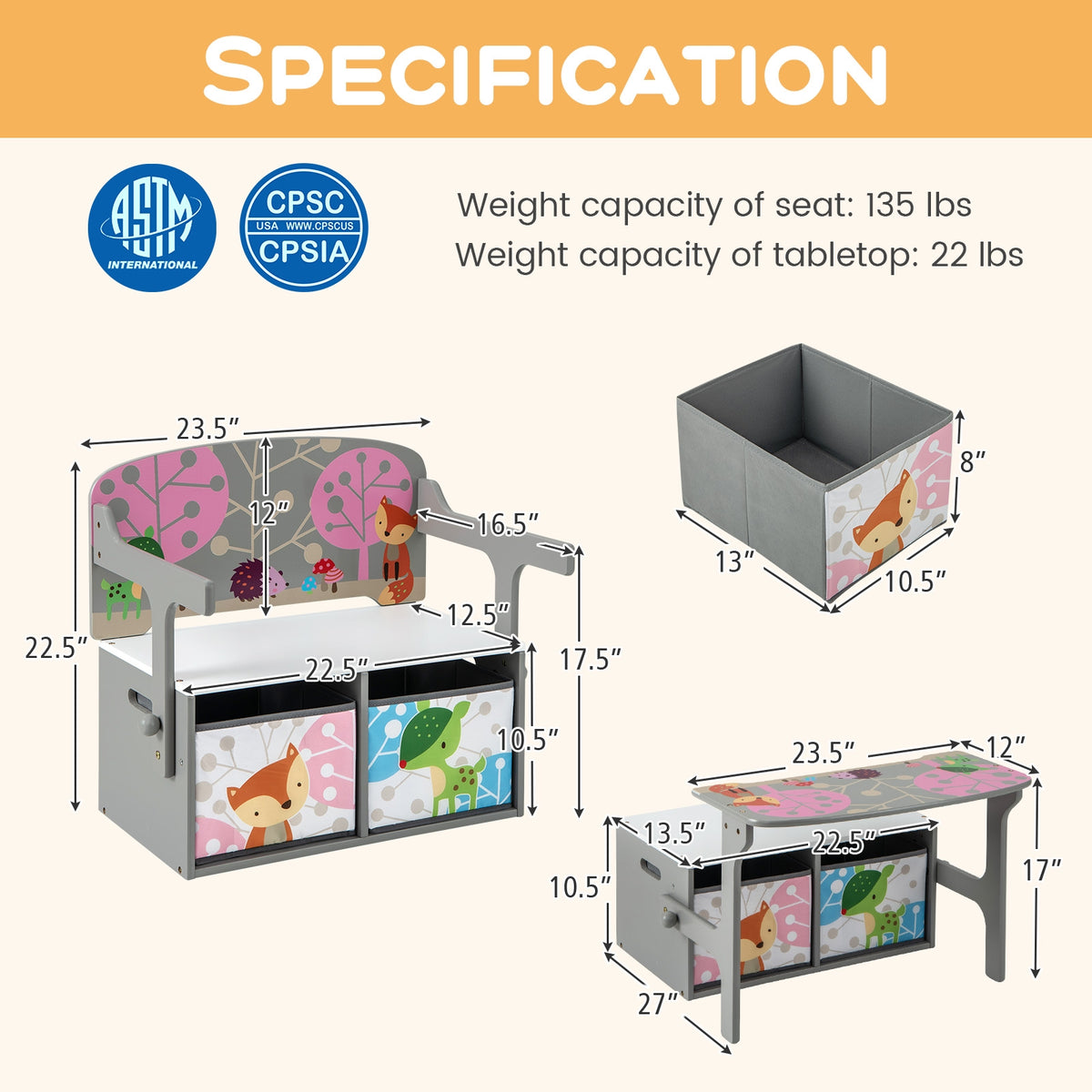 Kids Convertible Activity Bench, 3 In 1, 2 Removable Fabric Bins, Gray Kids Chairs & Seating at Gallery Canada