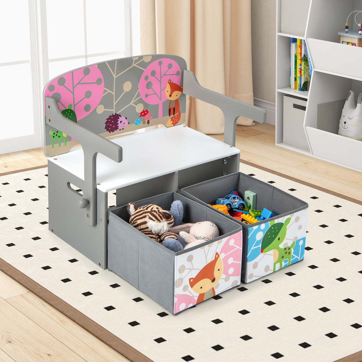 Kids Convertible Activity Bench, 3 In 1, 2 Removable Fabric Bins, Gray Kids Chairs & Seating at Gallery Canada