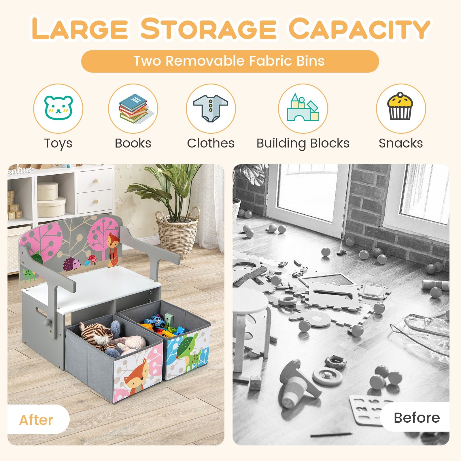 Kids Convertible Activity Bench, 3 In 1, 2 Removable Fabric Bins, Gray Kids Chairs & Seating at Gallery Canada
