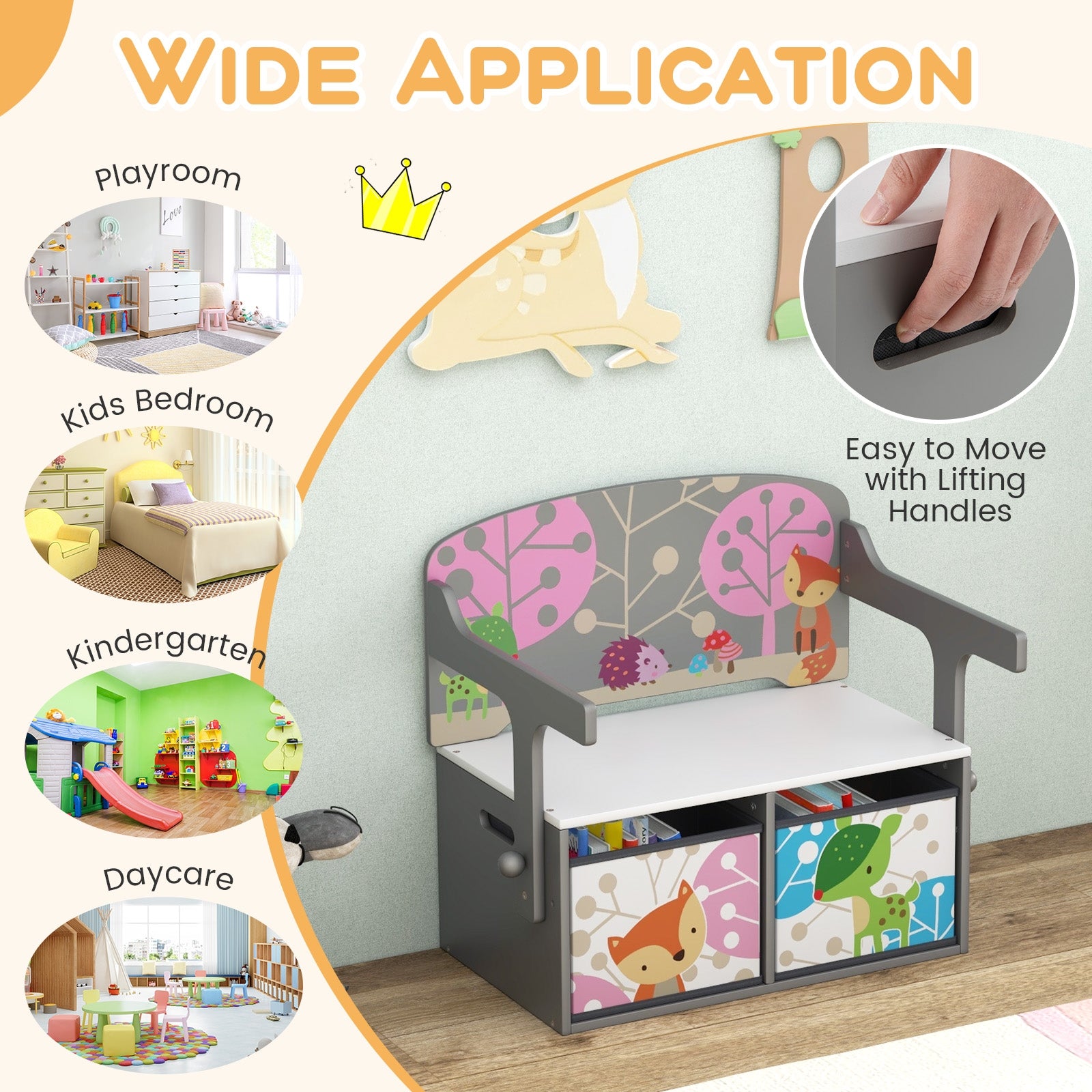 Kids Convertible Activity Bench, 3 In 1, 2 Removable Fabric Bins, Gray Kids Chairs & Seating at Gallery Canada