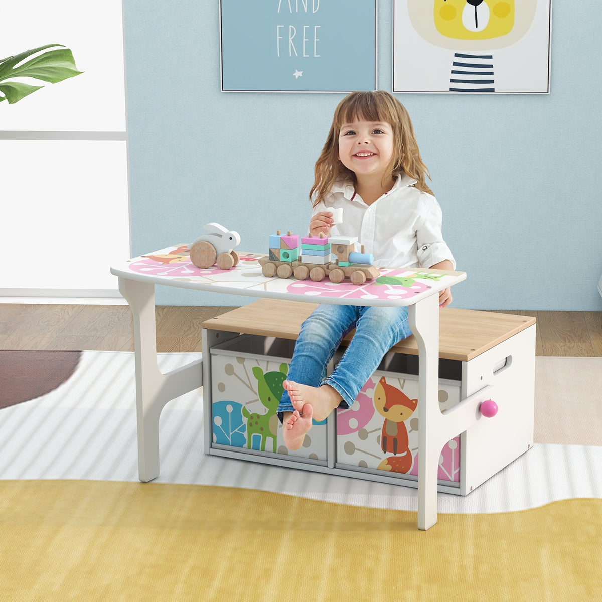 Kids Convertible Activity Bench, 2 Removable Fabric Bins, White Kids Chairs & Seating at Gallery Canada