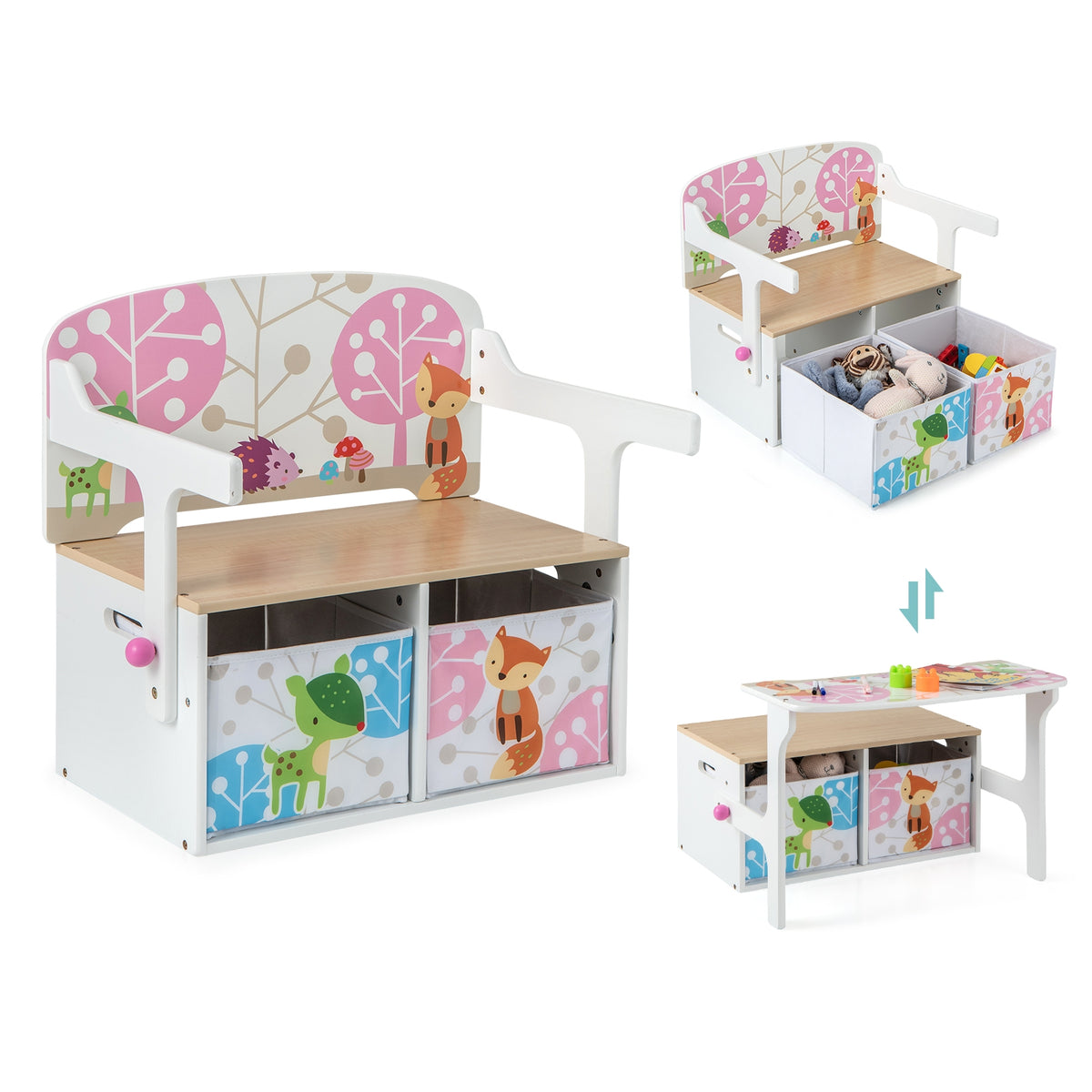 Kids Convertible Activity Bench, 2 Removable Fabric Bins, White Kids Chairs & Seating at Gallery Canada