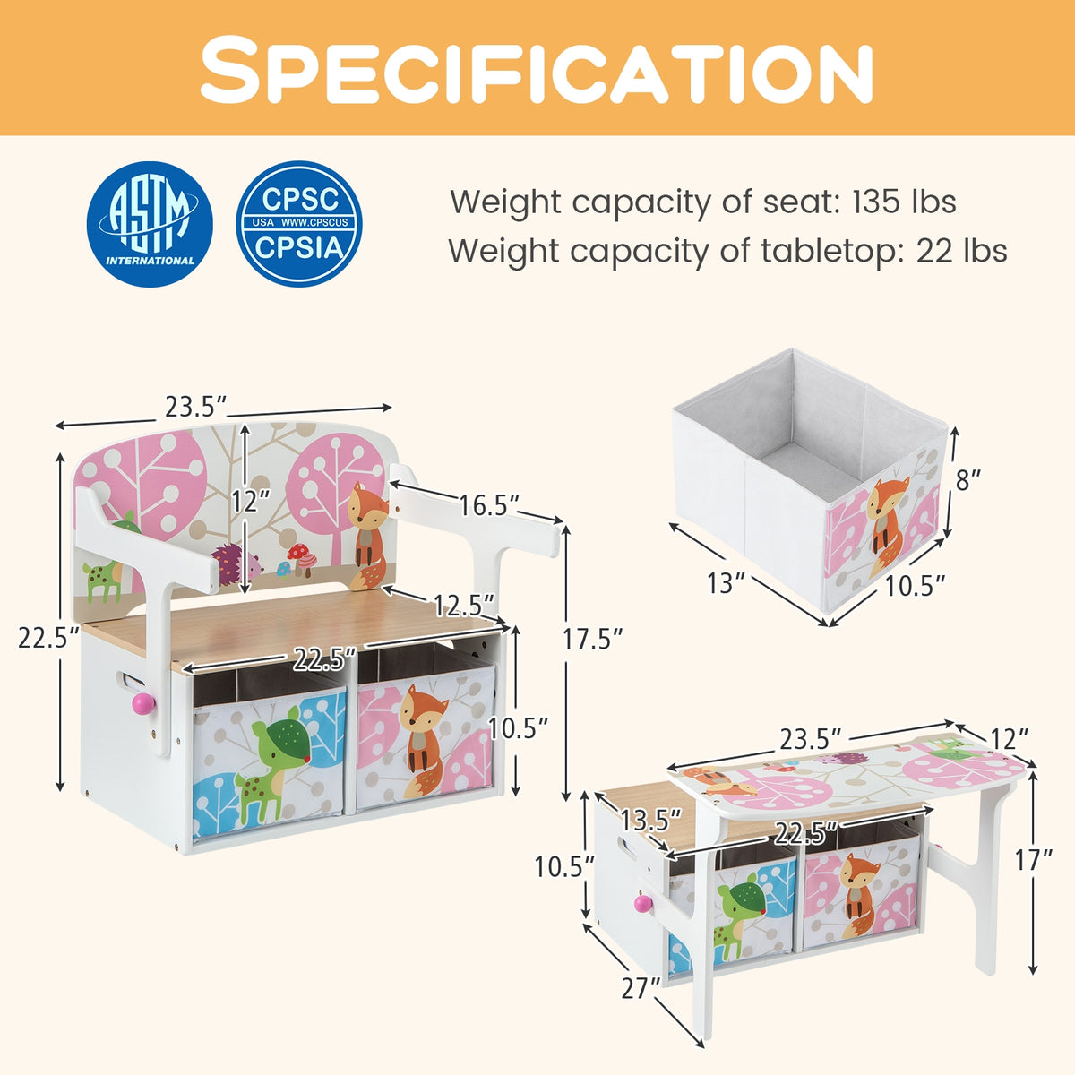 Kids Convertible Activity Bench, 2 Removable Fabric Bins, White Kids Chairs & Seating at Gallery Canada