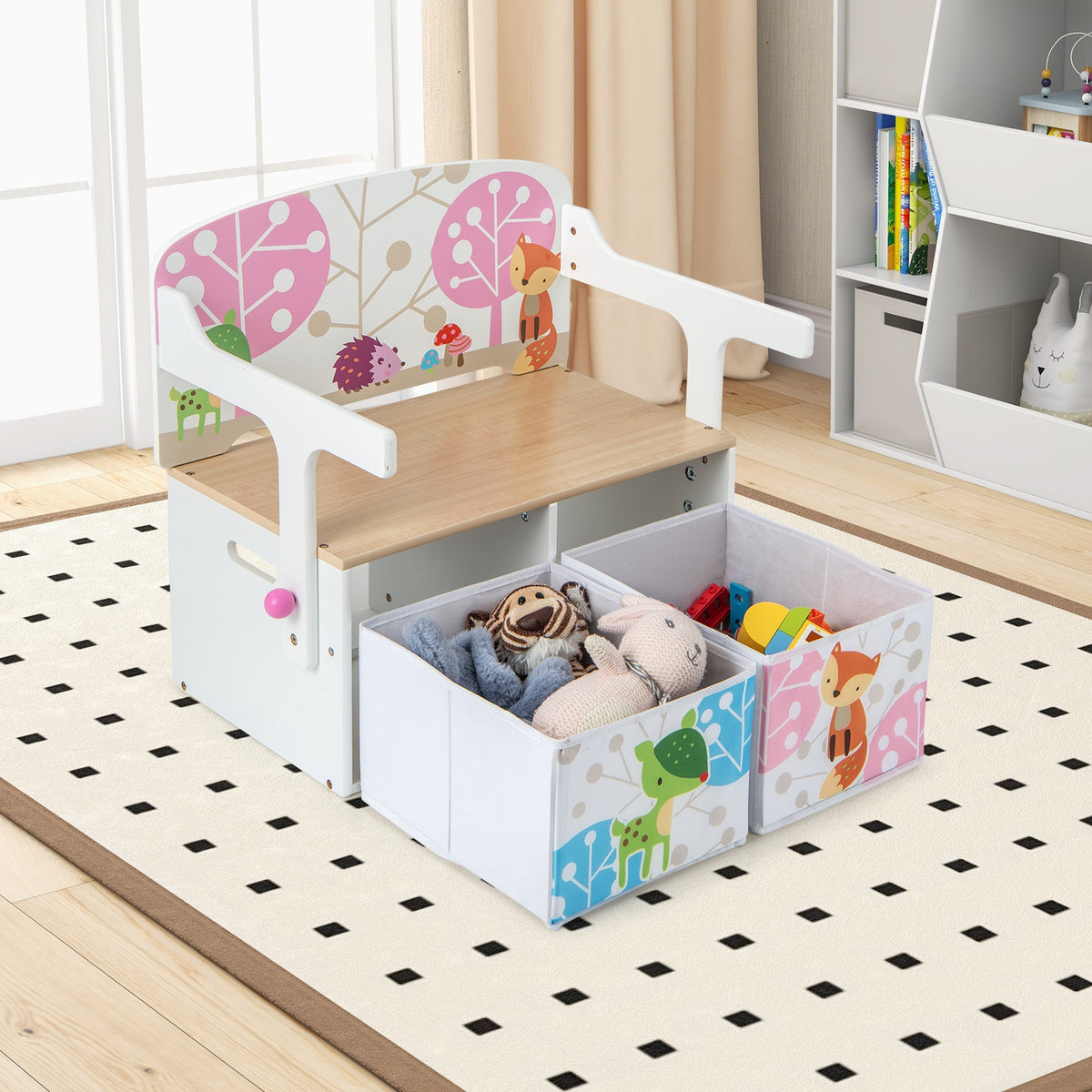 Kids Convertible Activity Bench, 2 Removable Fabric Bins, White Kids Chairs & Seating at Gallery Canada