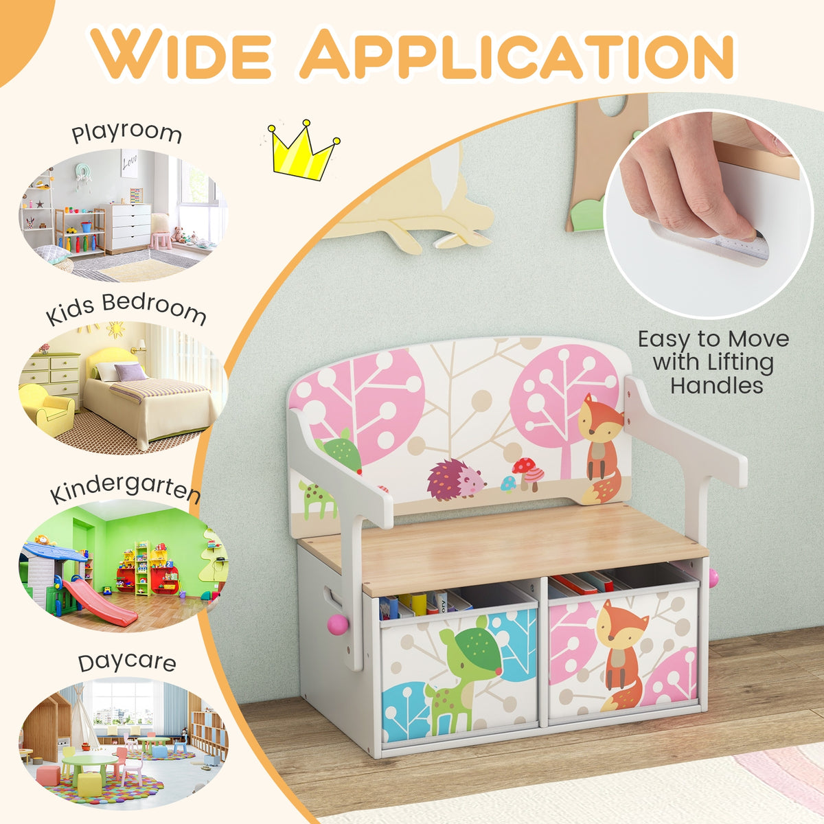 Kids Convertible Activity Bench, 2 Removable Fabric Bins, White Kids Chairs & Seating at Gallery Canada