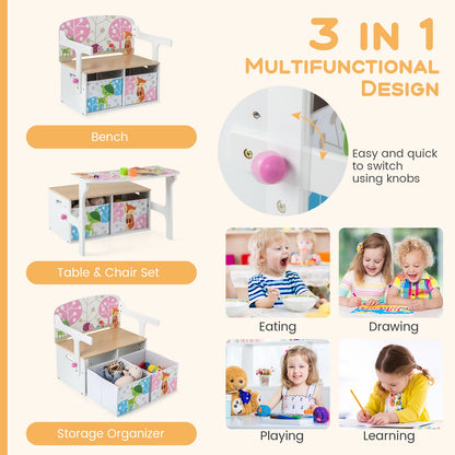 Kids Convertible Activity Bench, 2 Removable Fabric Bins, White Kids Chairs & Seating at Gallery Canada