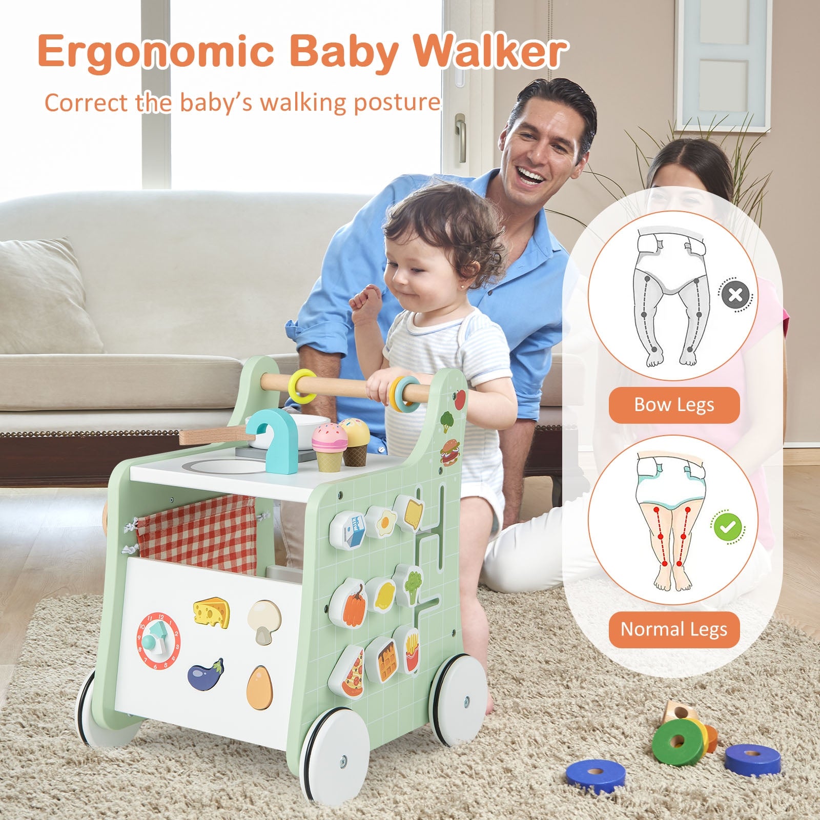 6-in-1 Wooden Baby Stroller With Play Kitchen, Green Baby Walkers at Gallery Canada