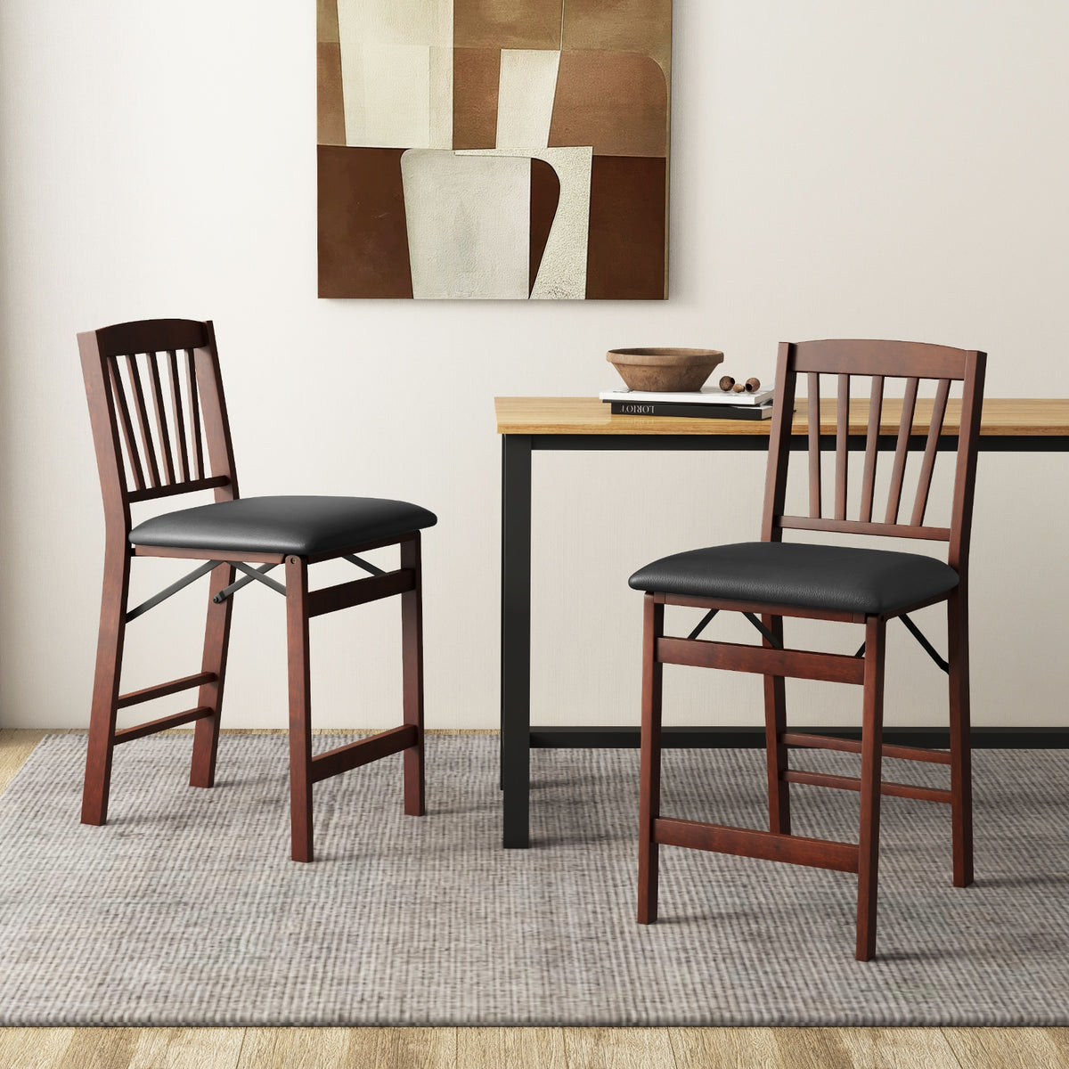 Folding Counter Height Chairs, Set of 2, Padded Seat, Brown Bar Stools at Gallery Canada