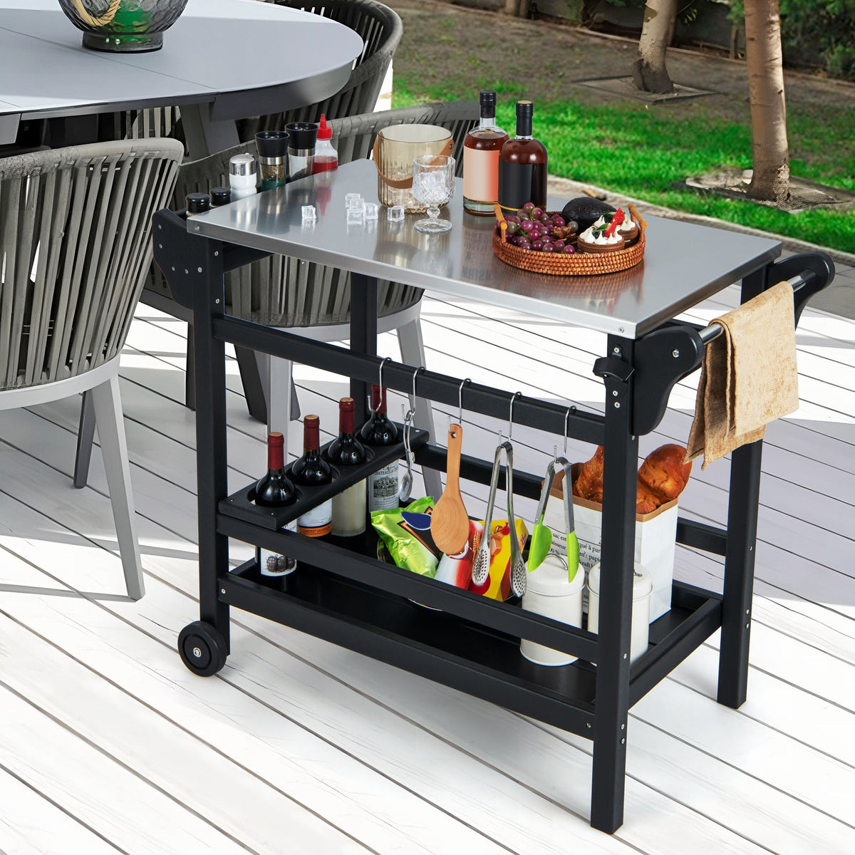 Movable Outdoor Dining Cart, HDPE Pizza Oven Stand Table, Stainless Steel Tabletop, Black Outdoor Grills at Gallery Canada