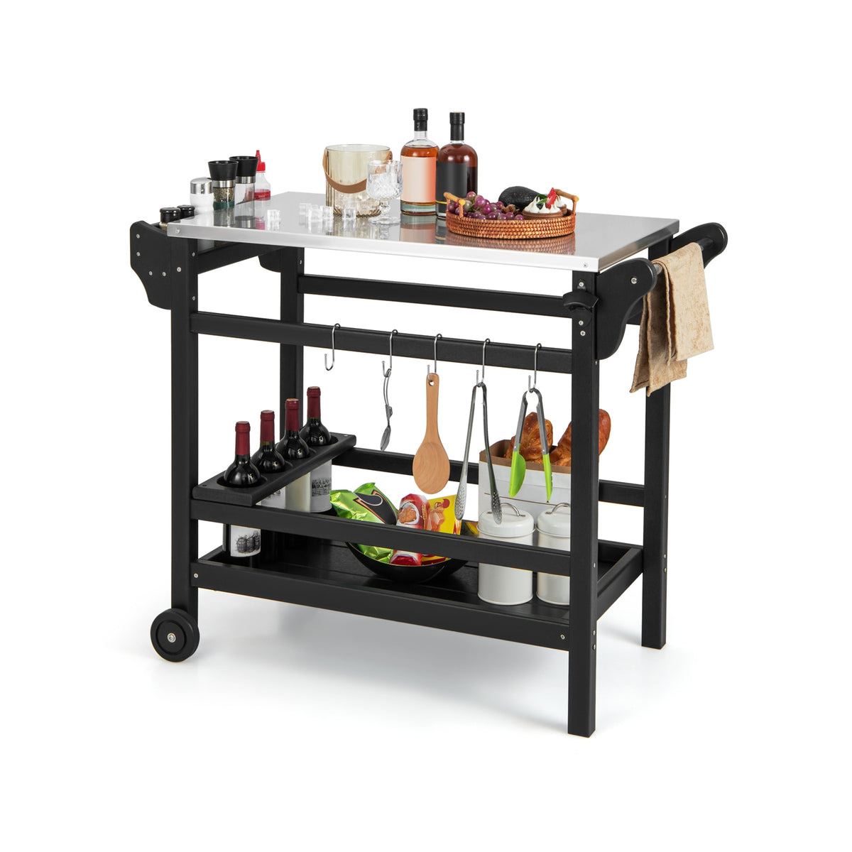 Movable Outdoor Dining Cart, HDPE Pizza Oven Stand Table, Stainless Steel Tabletop, Black Outdoor Grills at Gallery Canada