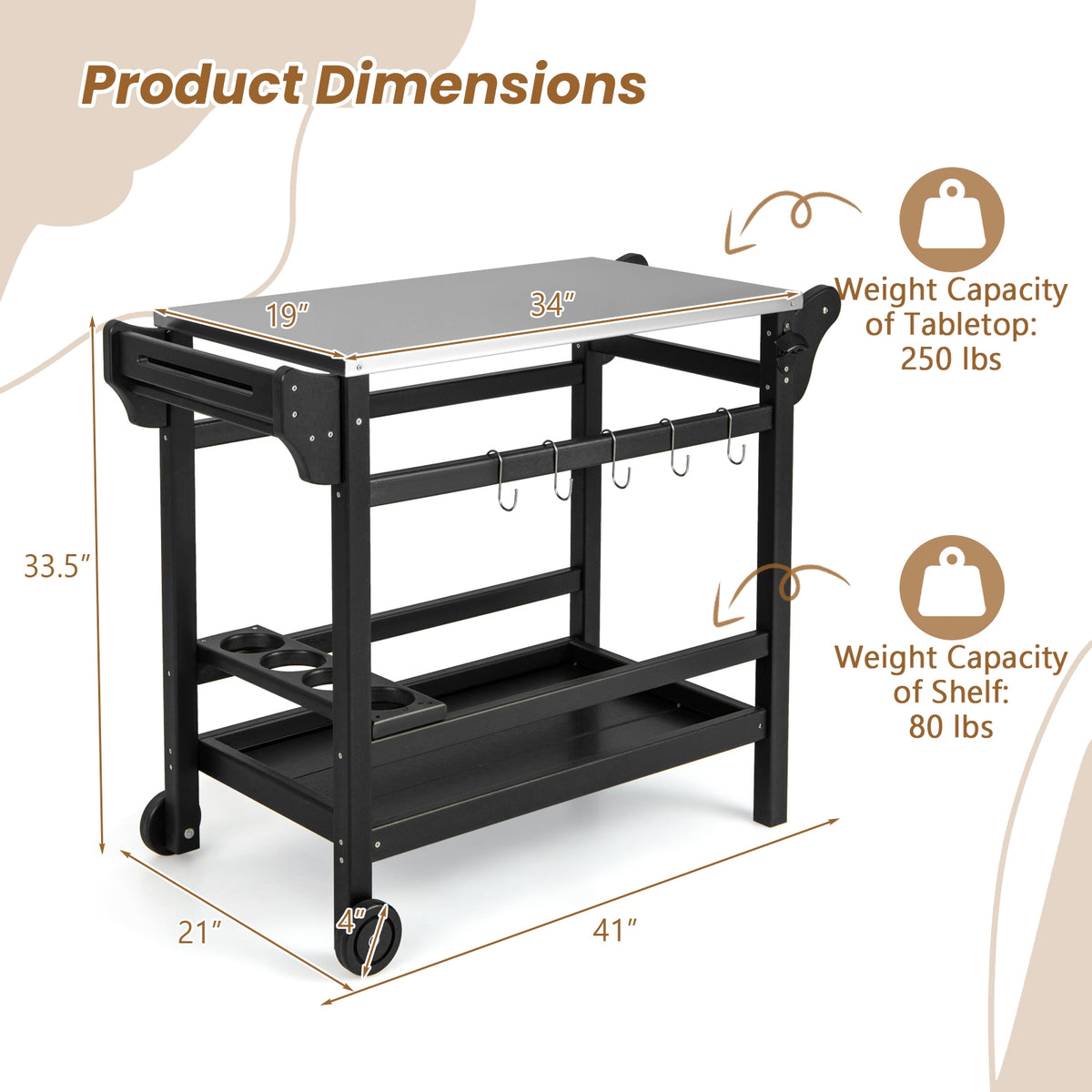 Movable Outdoor Dining Cart, HDPE Pizza Oven Stand Table, Stainless Steel Tabletop, Black Outdoor Grills at Gallery Canada