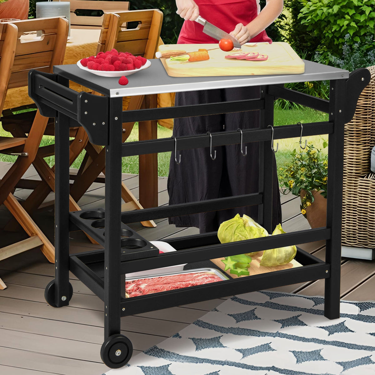 Movable Outdoor Dining Cart, HDPE Pizza Oven Stand Table, Stainless Steel Tabletop, Black Outdoor Grills at Gallery Canada