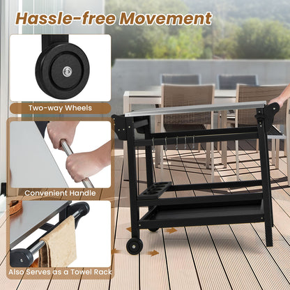 Movable Outdoor Dining Cart, HDPE Pizza Oven Stand Table, Stainless Steel Tabletop, Black Outdoor Grills at Gallery Canada