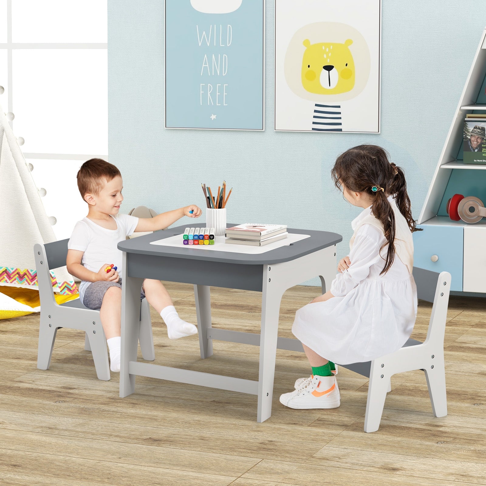 Kids Table And Chairs Set, Double-Sized Tabletop, Gray Kids Table & Chair Sets at Gallery Canada