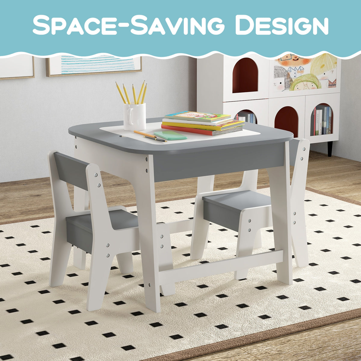 Kids Table And Chairs Set, Double-Sized Tabletop, Gray Kids Table & Chair Sets at Gallery Canada