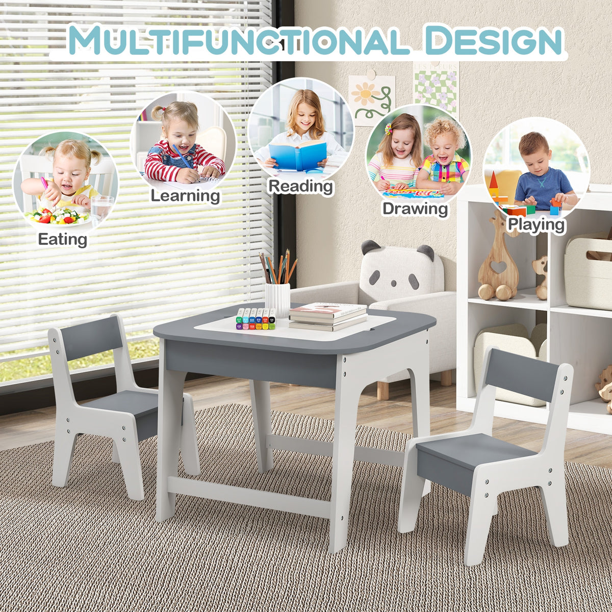 Kids Table And Chairs Set, Double-Sized Tabletop, Gray Kids Table & Chair Sets at Gallery Canada
