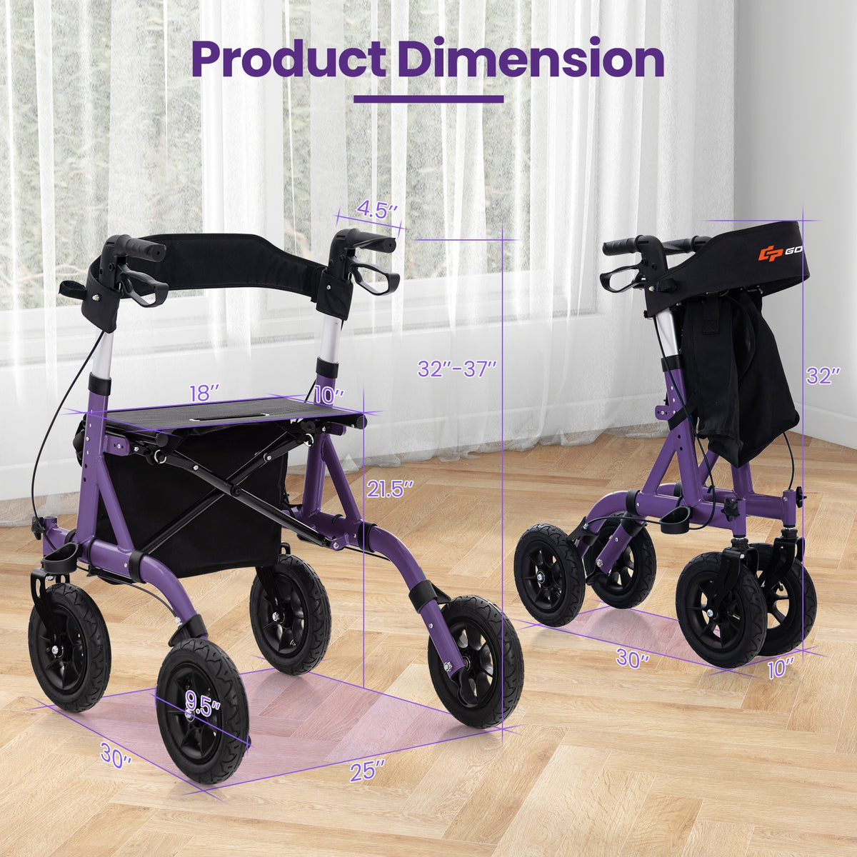 Foldable Rollator Walker, Height Adjustable With Seat, Purple Walkers & Rollators at Gallery Canada