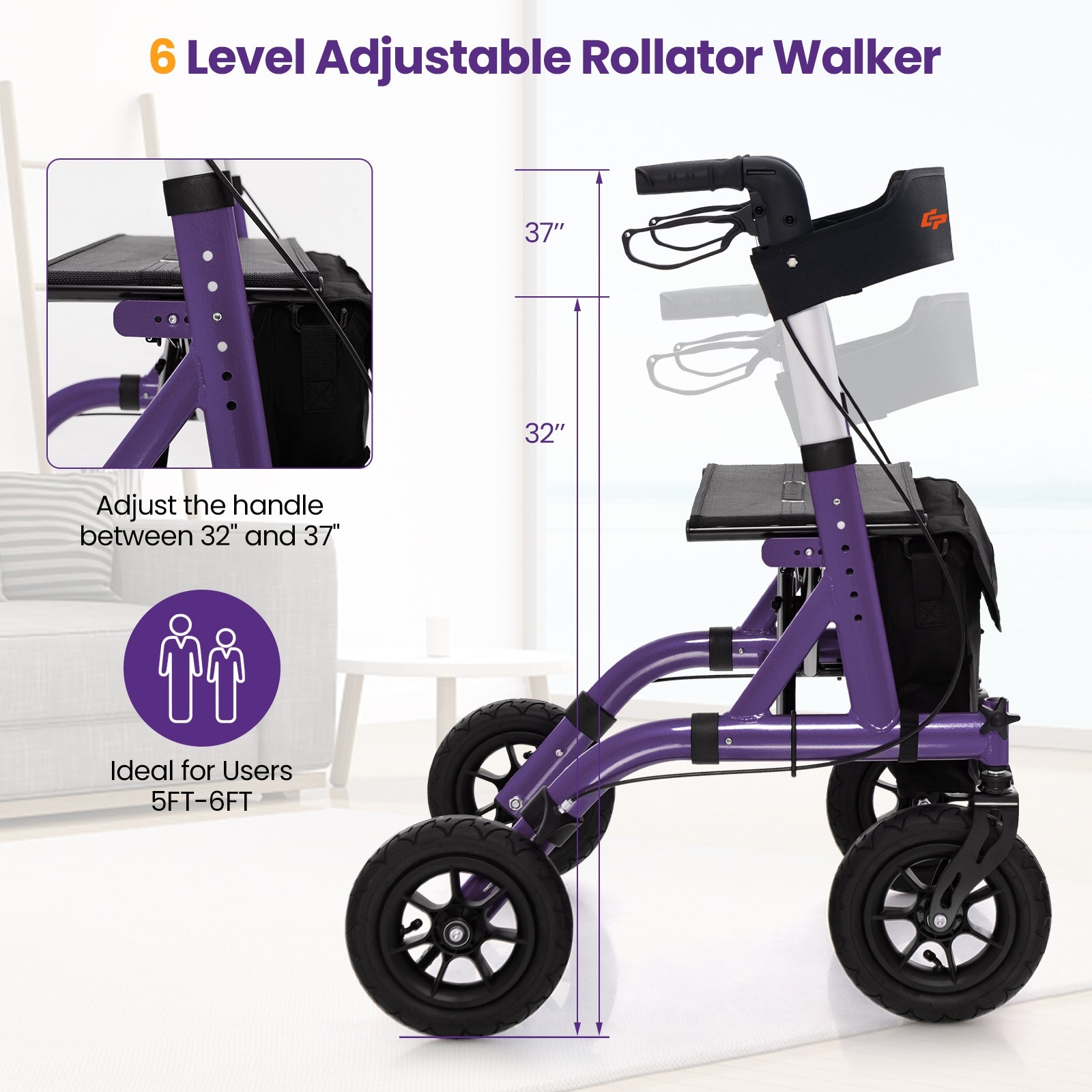 Foldable Rollator Walker, Height Adjustable With Seat, Purple Walkers & Rollators at Gallery Canada