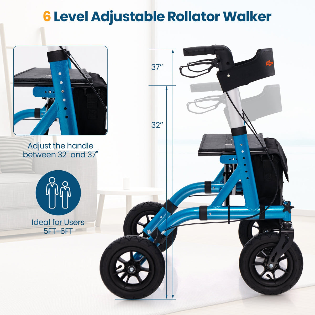 Foldable Rollator Walker With Seat, Height Adjustable, Blue Walkers & Rollators at Gallery Canada