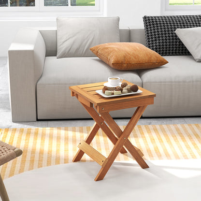 14 Inch Compact Folding Side Table, Slatted Tabletop, Natural Patio Coffee Tables at Gallery Canada