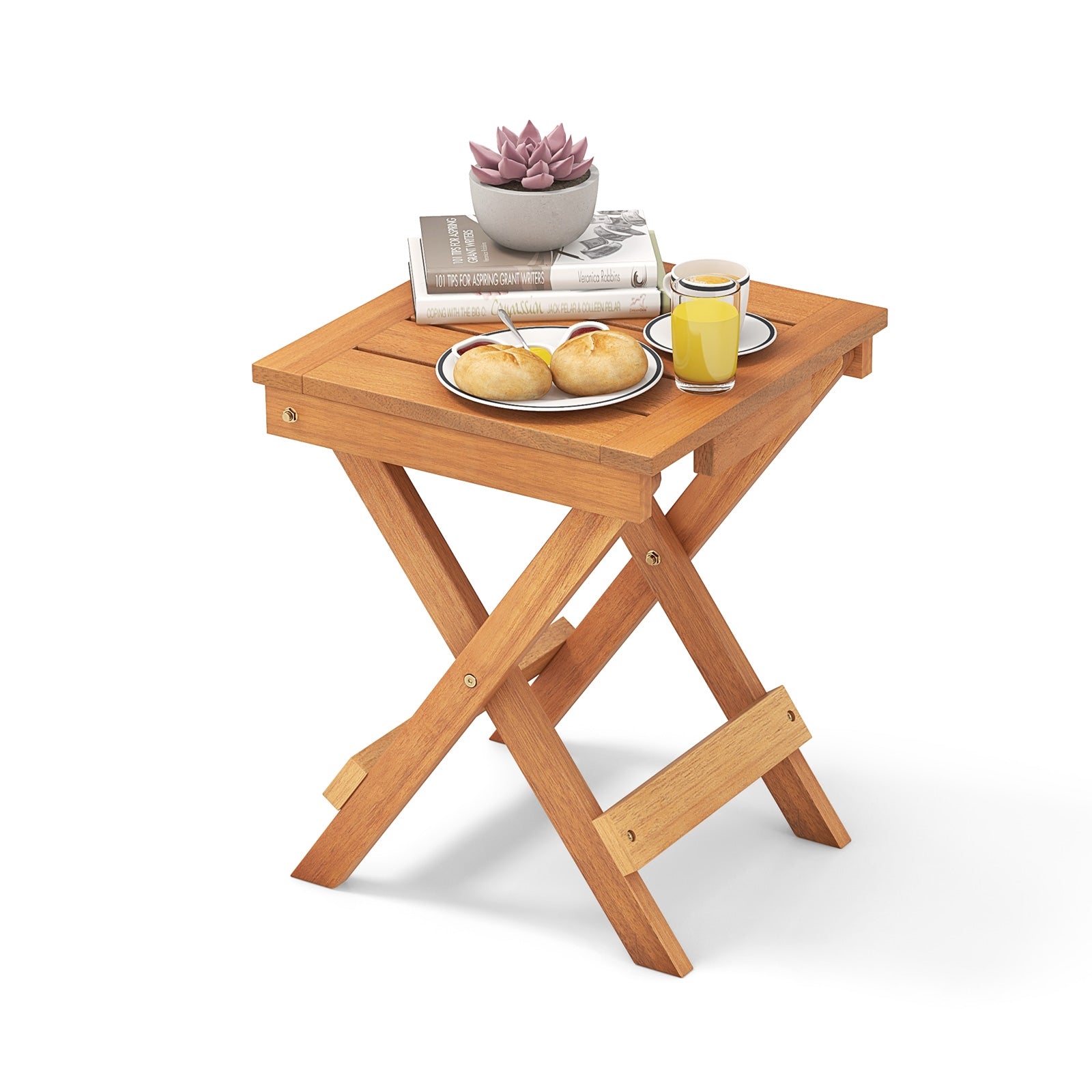 14 Inch Compact Folding Side Table, Slatted Tabletop, Natural Patio Coffee Tables at Gallery Canada