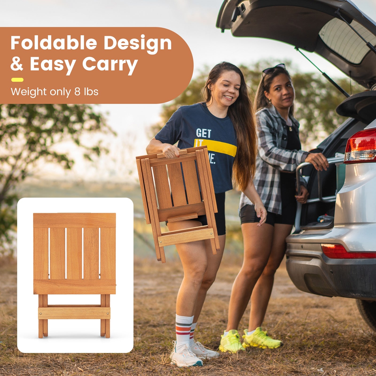 14 Inch Compact Folding Side Table, Slatted Tabletop, Natural Patio Coffee Tables at Gallery Canada
