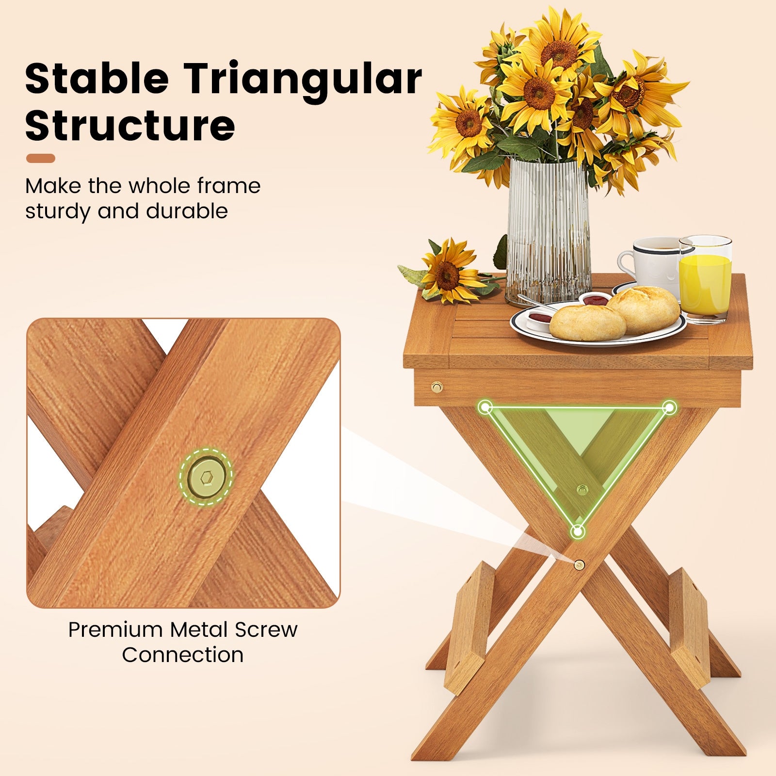 14 Inch Compact Folding Side Table, Slatted Tabletop, Natural Patio Coffee Tables at Gallery Canada