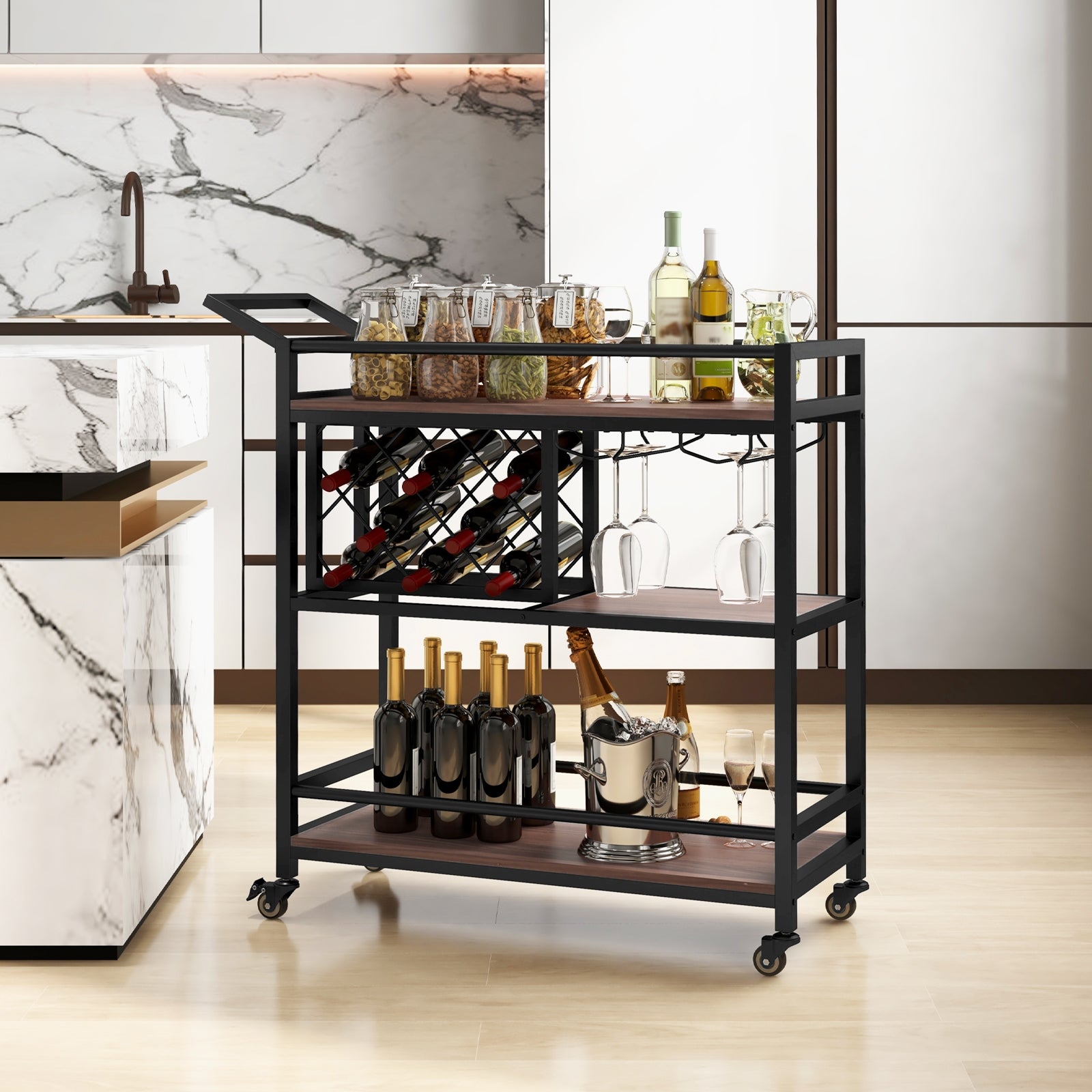 3-Tier Bar Cart On Wheels, With Wine Rack And Glasses Holder, Brown Kitchen Islands & Carts at Gallery Canada