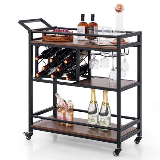 3-Tier Bar Cart On Wheels, With Wine Rack And Glasses Holder, Brown Kitchen Islands & Carts Brown at Gallery Canada