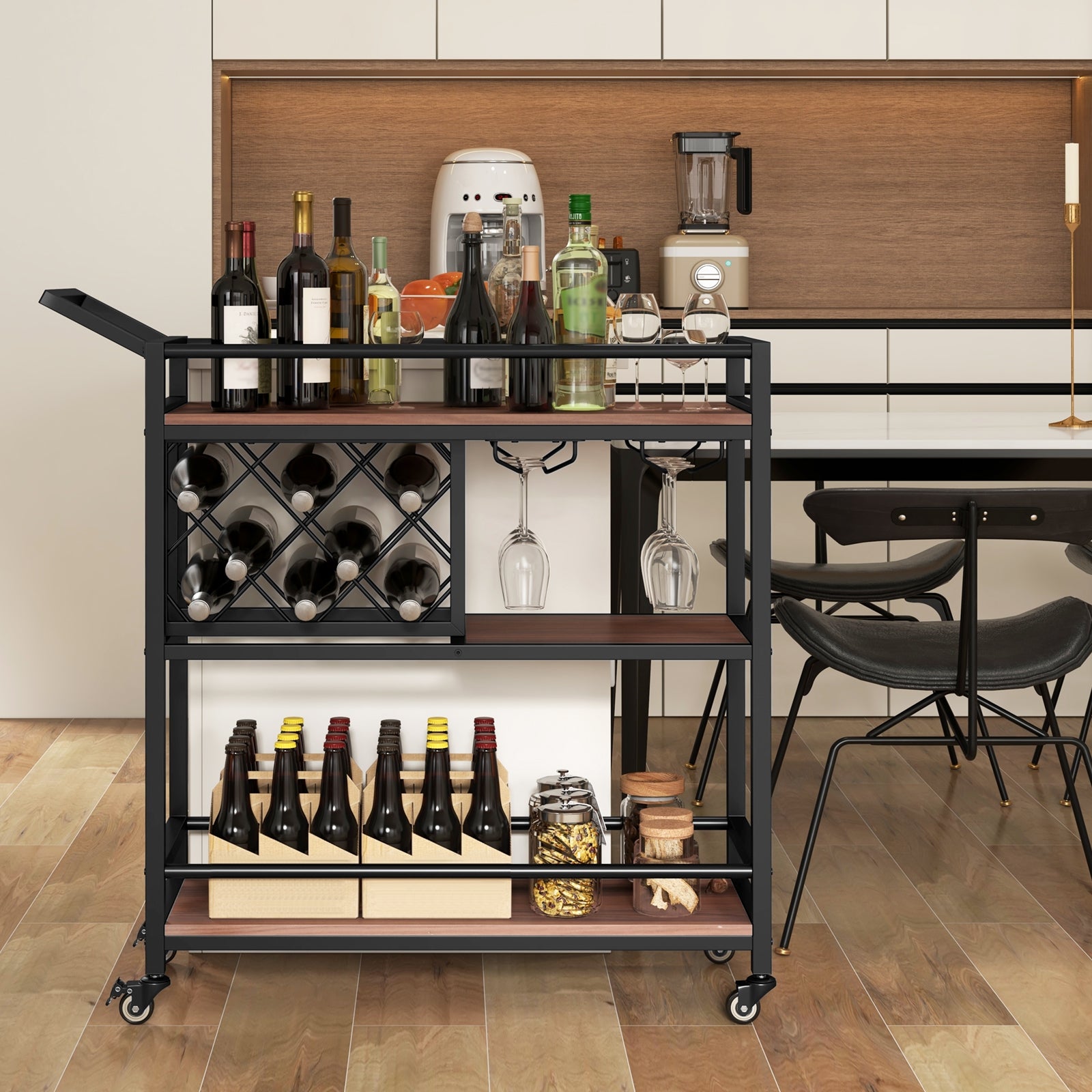 3-Tier Bar Cart On Wheels, With Wine Rack And Glasses Holder, Brown Kitchen Islands & Carts at Gallery Canada