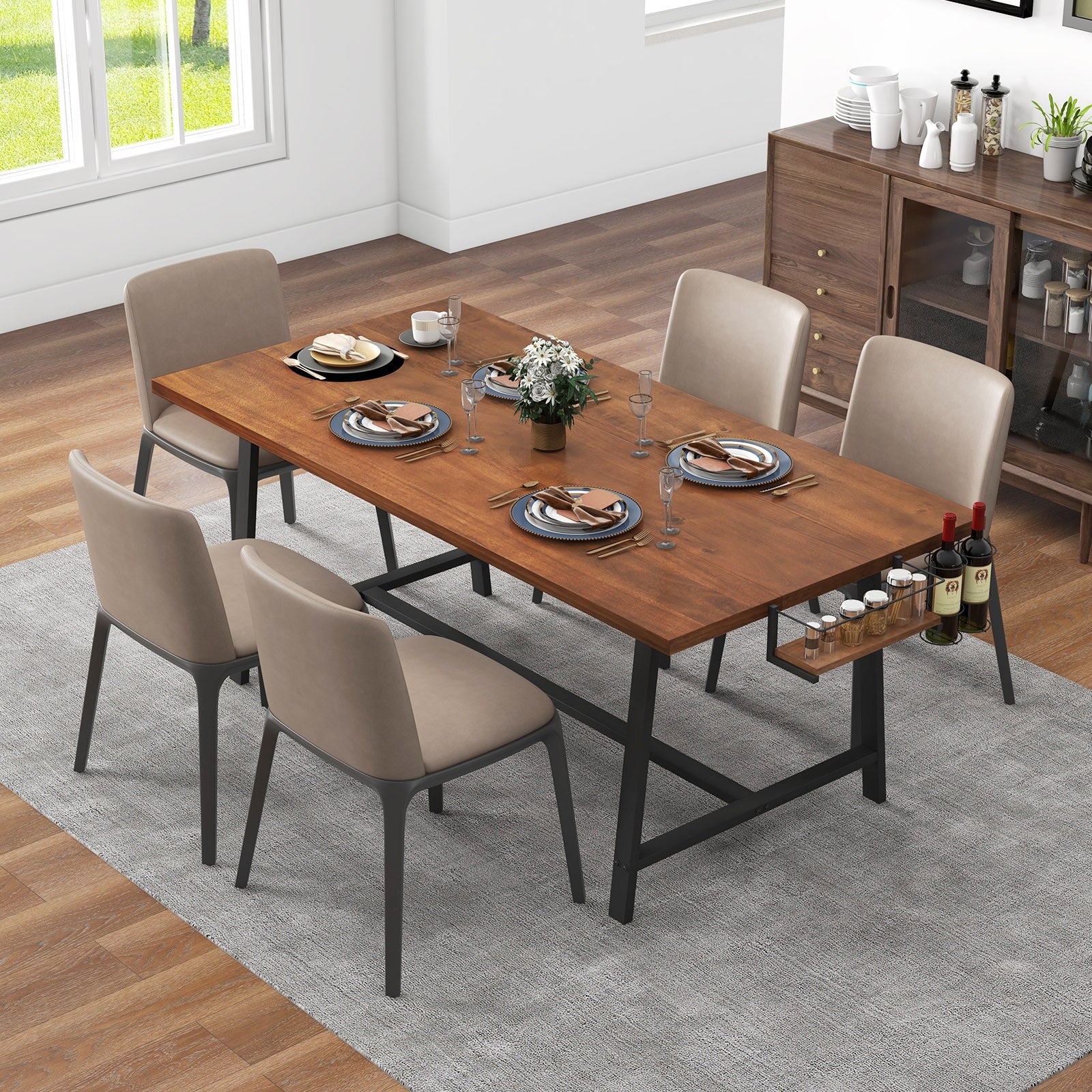 72 Inch Dining Table, Walnut, Rectangular Kitchen Table With 2-Bottle Wine Rack Dining Tables at Gallery Canada