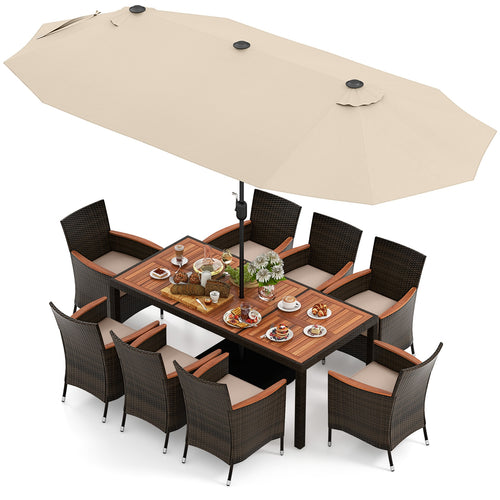 9 Piece Outdoor Dining Set, 15 Feet Double-Sided Umbrella, Beige