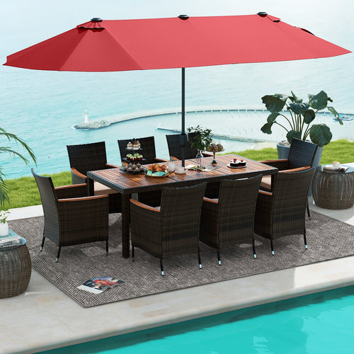 9 Piece Outdoor Dining Set, 15 Ft Double-Sided Patio Umbrella, Red