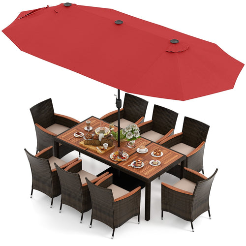 9 Piece Outdoor Dining Set, 15 Ft Double-Sided Patio Umbrella, Red