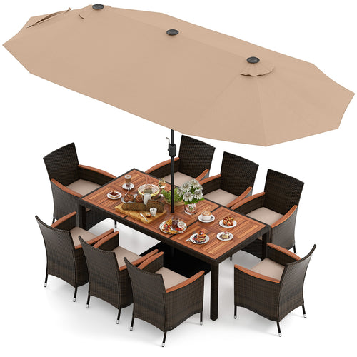 9 Piece Outdoor Dining Set, 15 Feet Double-Sided Patio Umbrella, Brown