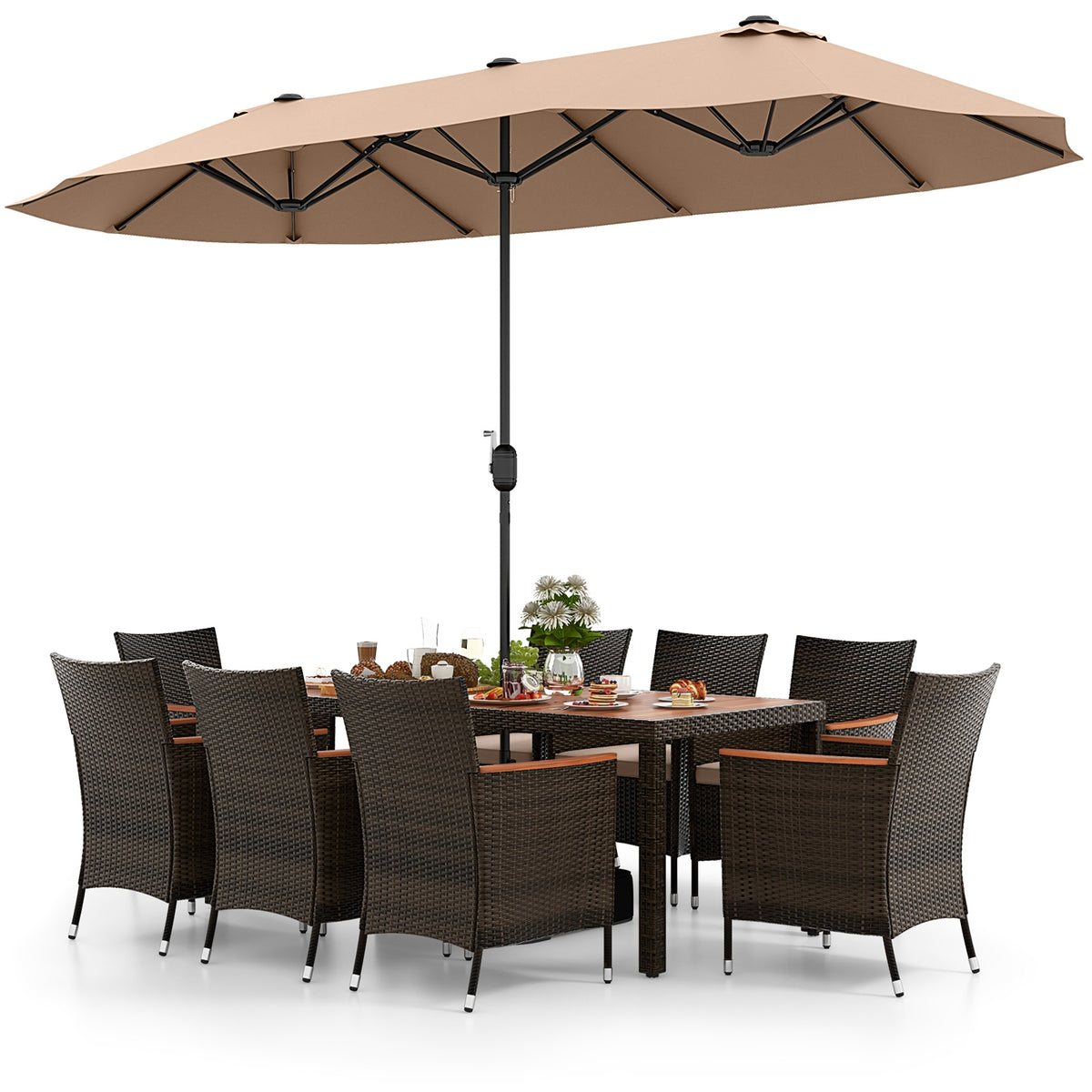 9 Piece Outdoor Dining Set, 15 Feet Double-Sided Patio Umbrella, Brown Patio Conversation Sets at Gallery Canada